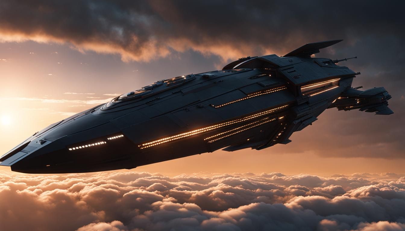 Sci-Fi Spaceship Above Clouds in Twilight
