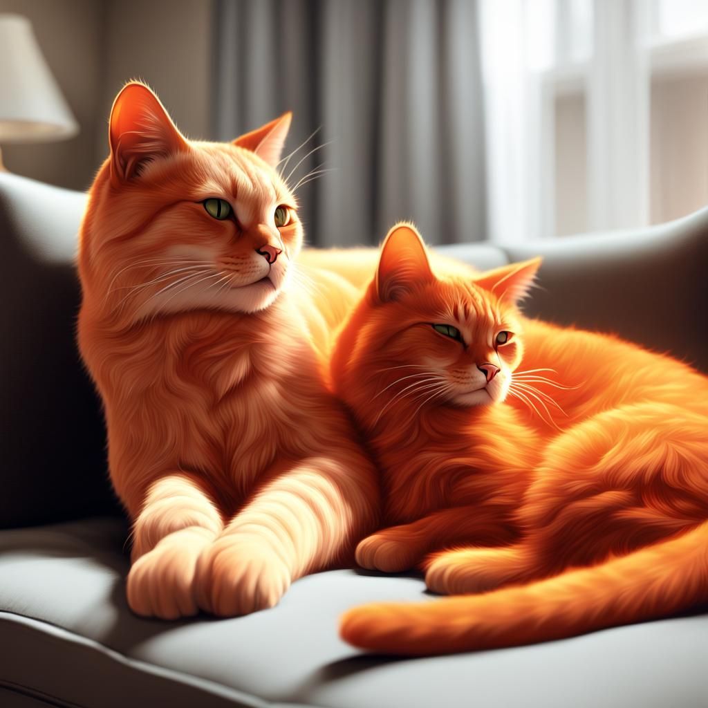 Two Orange Cats Cuddle in Dark Fantasy Style