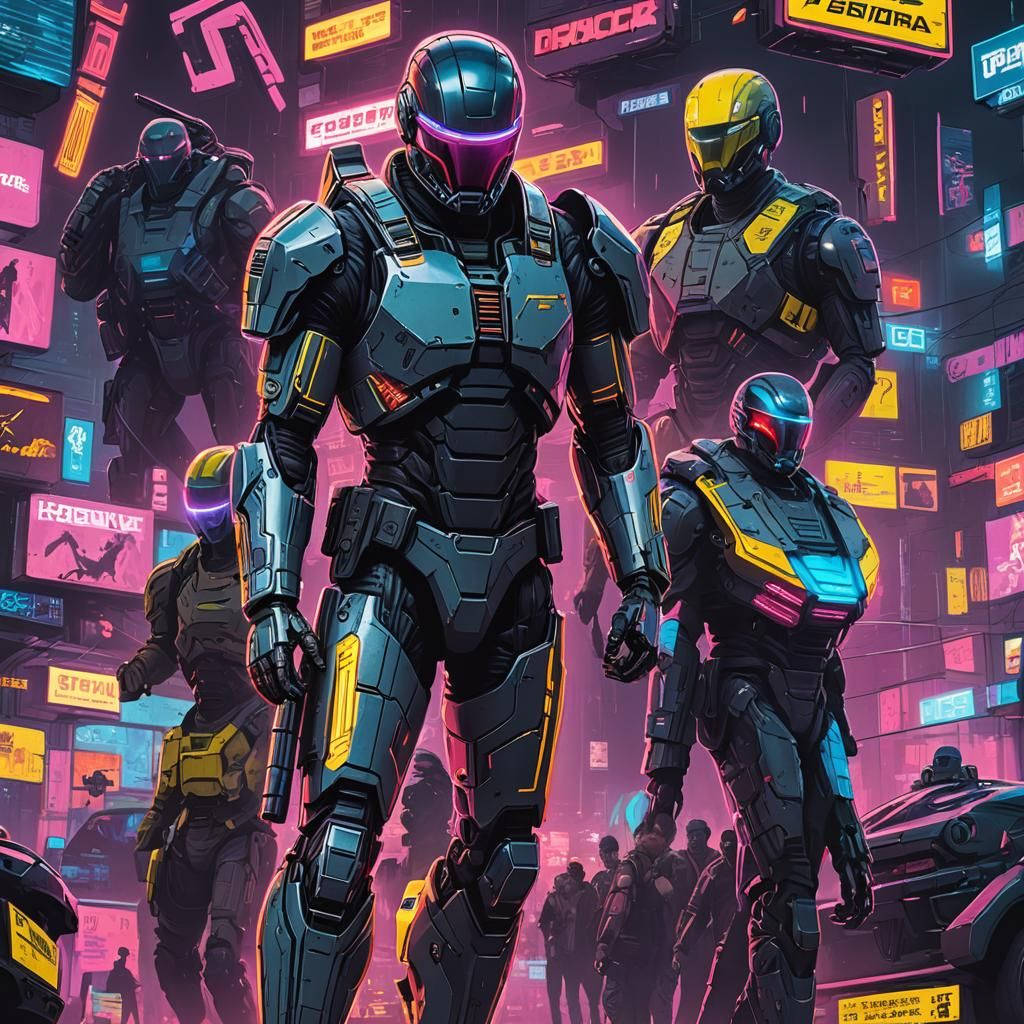 Robocop in Cyberpunk Cityscape