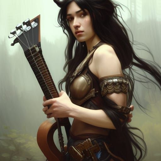 Elf Warrior Portrait with Guitar in Art Nouveau Style