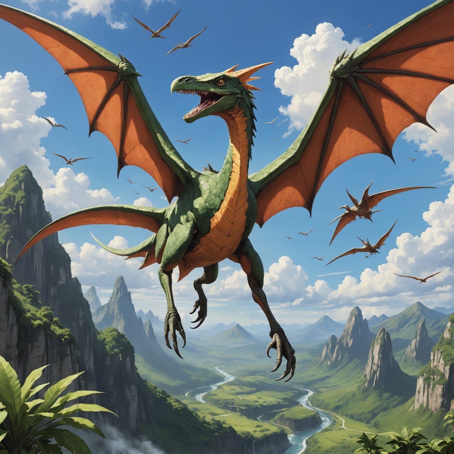 Spectacular Flying Pterodactyl in a Futuristic Landscape