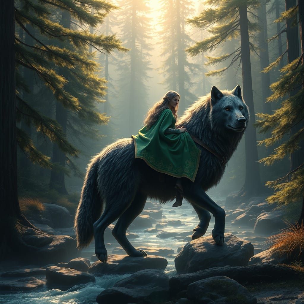 Majestic Wolf Guardian in Emerald Forest Glade