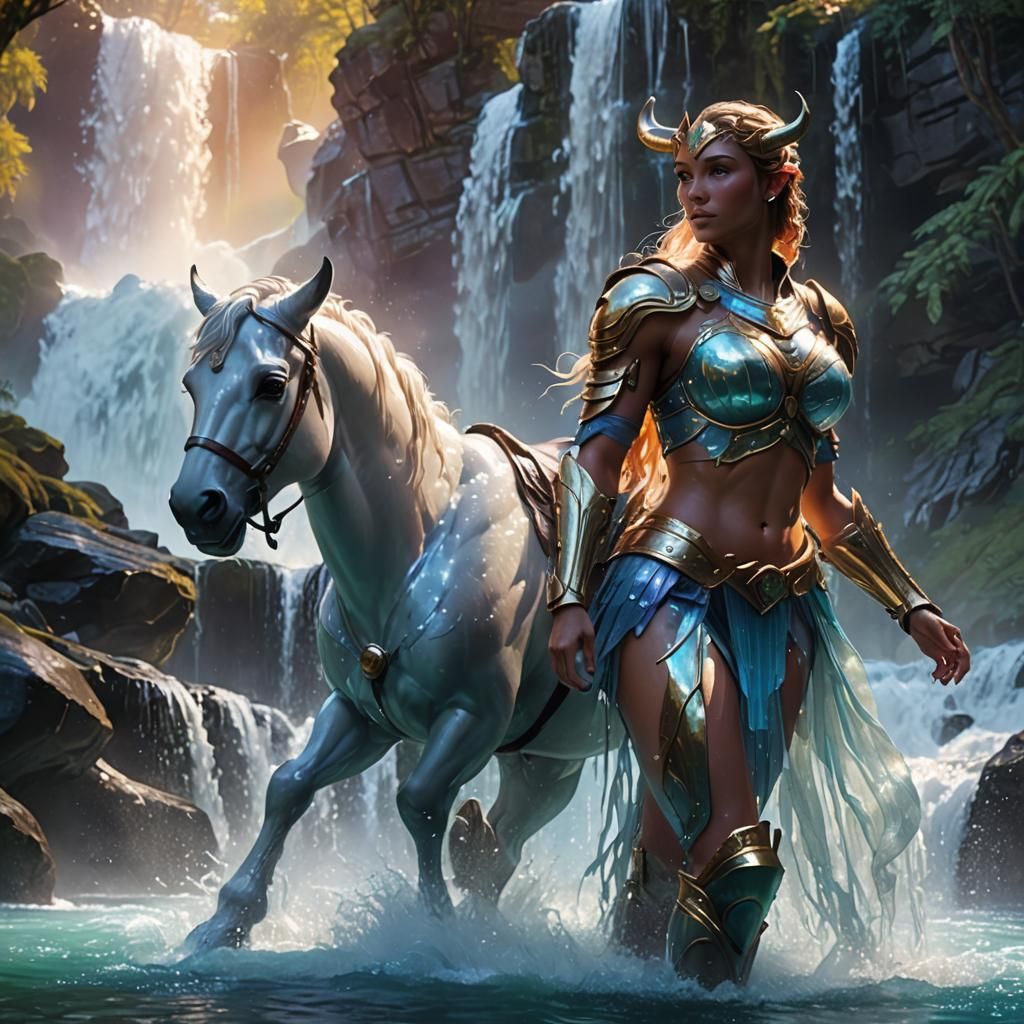 Female Centaur Bathes Under Waterfall in 3D Art