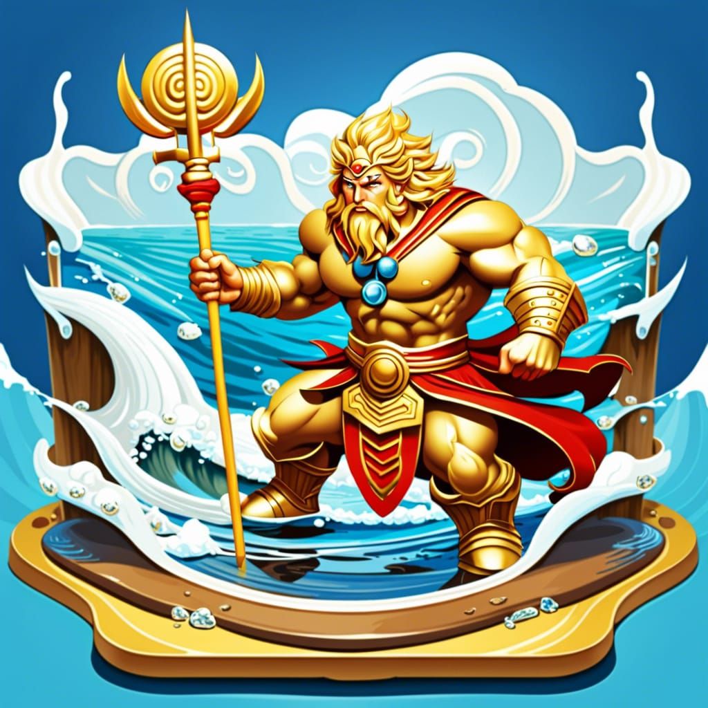 Geek heroe Achilles on puddle board on the Sea, Yokai Illustrations style, sunny day, intrincate, detailed