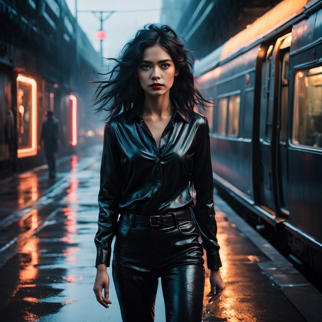 Noir Woman in Rain-Streaked Alley