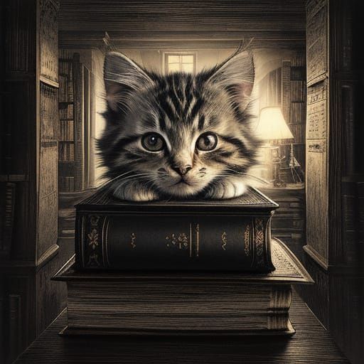 Fluffy Kitten Peeking from Ancient Books in Dim Library