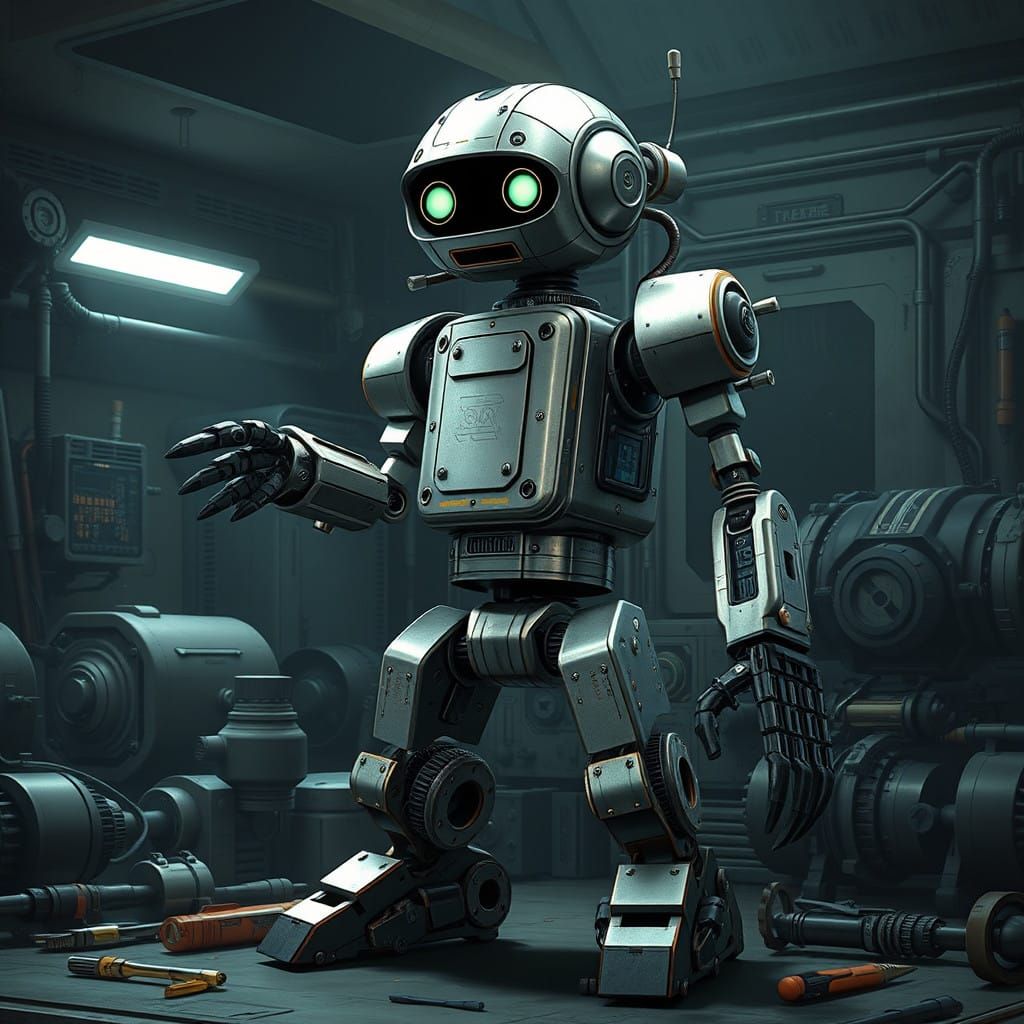 Cybernetic Utility Droid in Industrial High-Tech Workshop