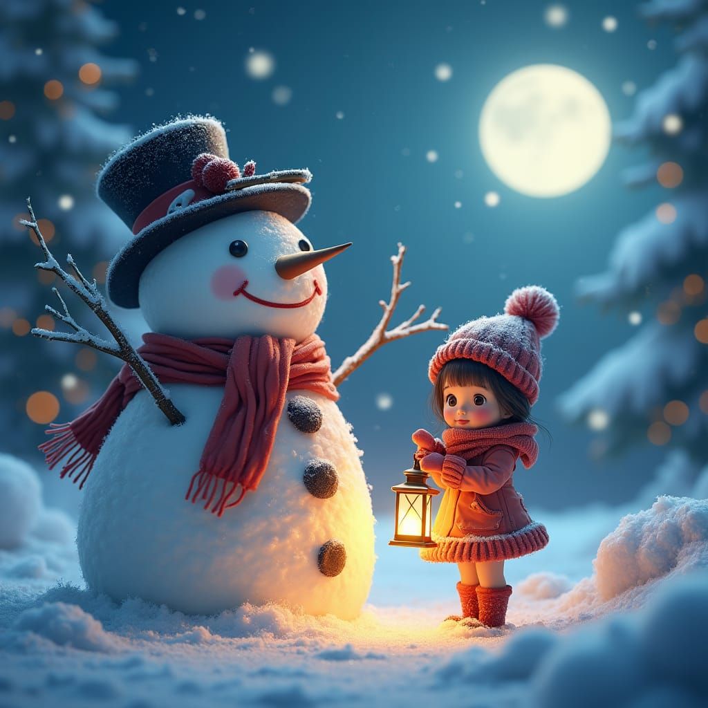 Snowy Wonderland: Fairy, Snowman, and Starry Night