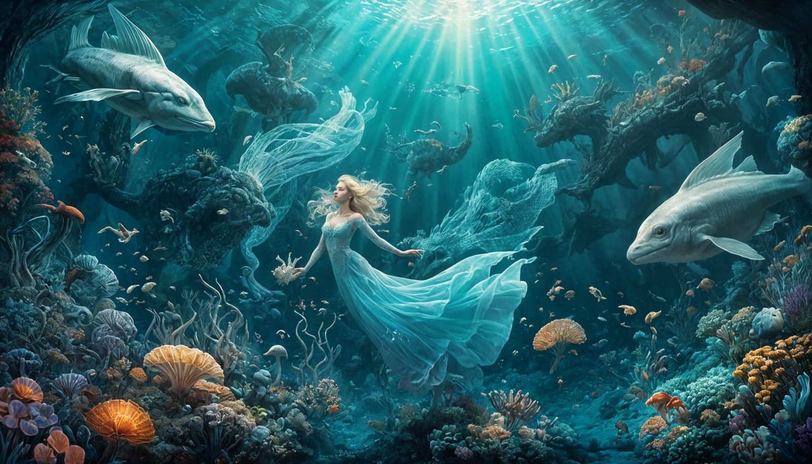 White mythical mermaid playing under the deep ocean