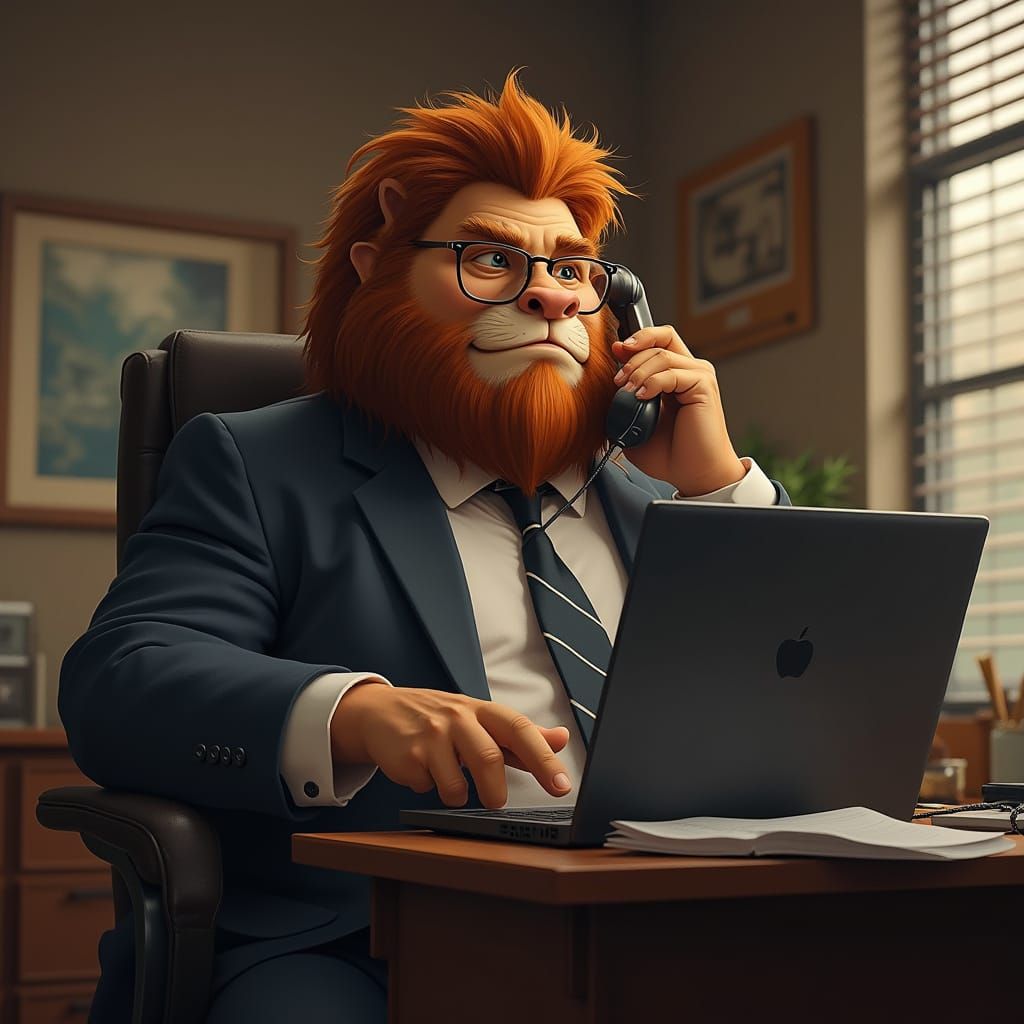 Executive with Lion Face Working at Laptop in Mead Style