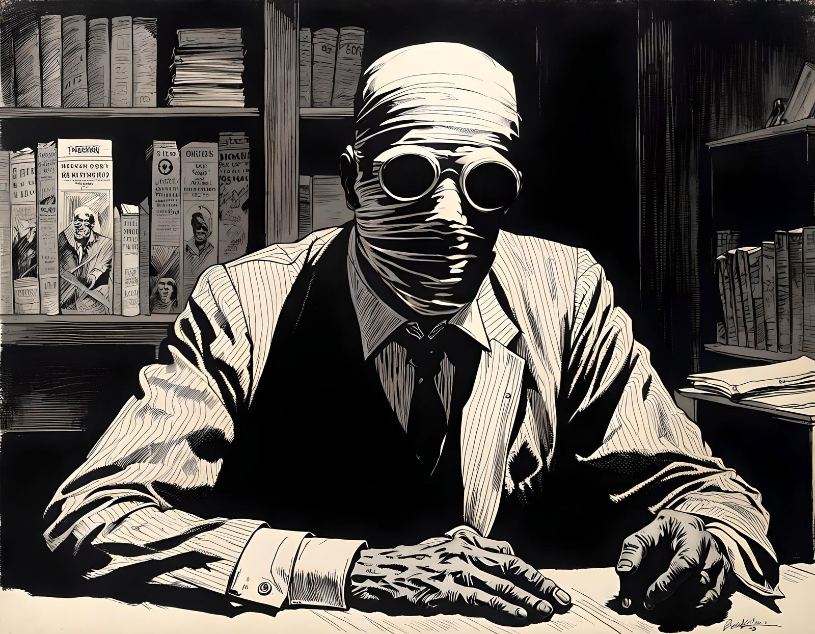 Sinister Portrait of an Invisible Man in Horror Comic Style