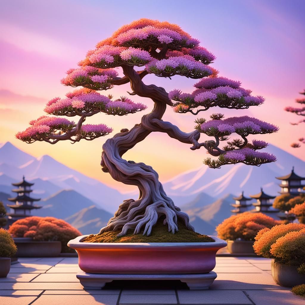 Hyperrealistic Bonsai Garden at Sunset in Pastel Shades