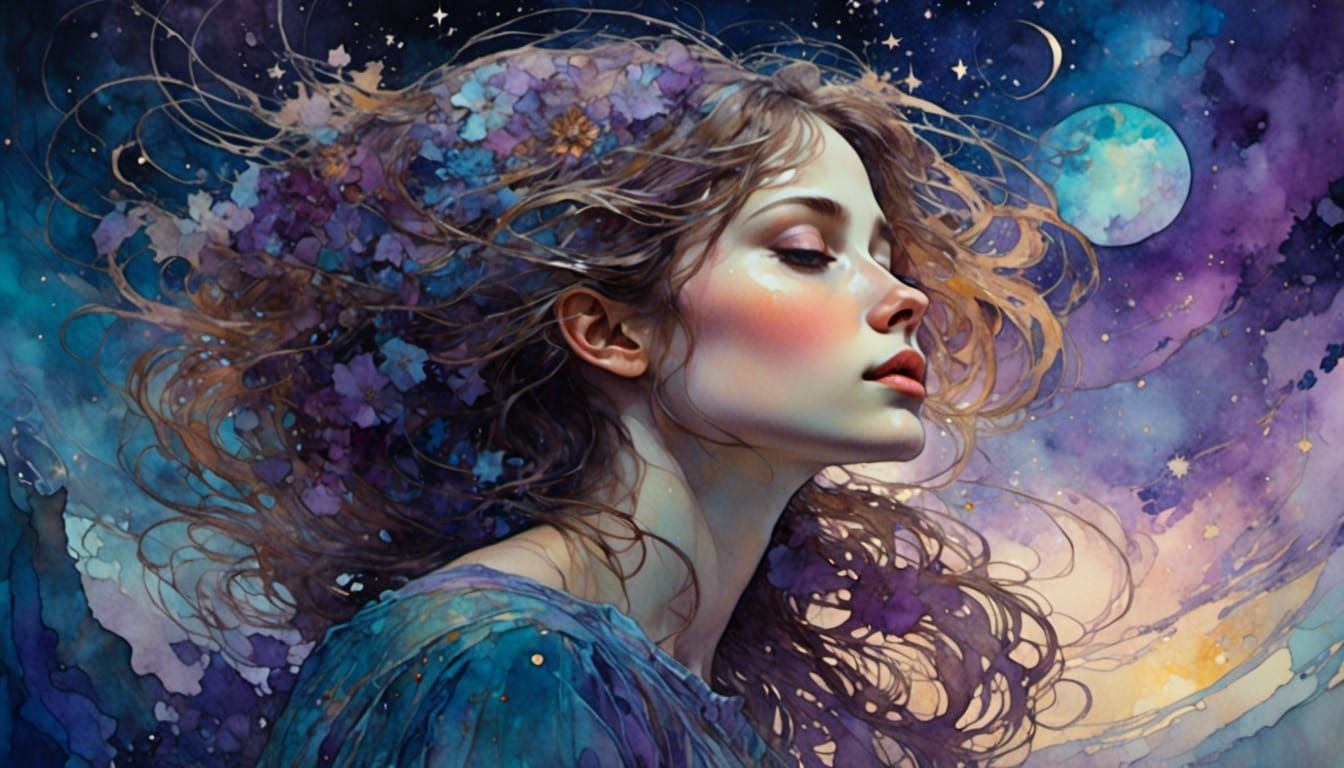Art Nouveau Woman Gazing at Starry Night Sky