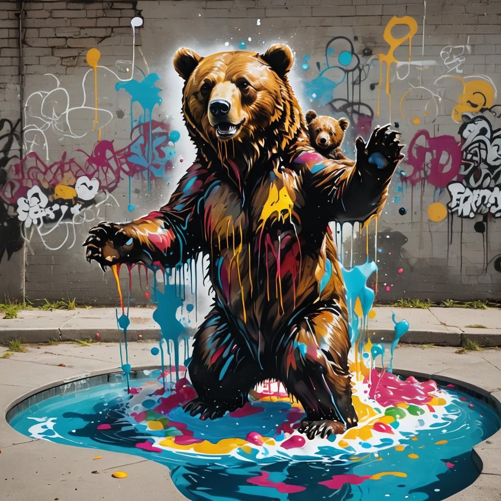 Graffiti Art: Mother Bear and Cub in Pool