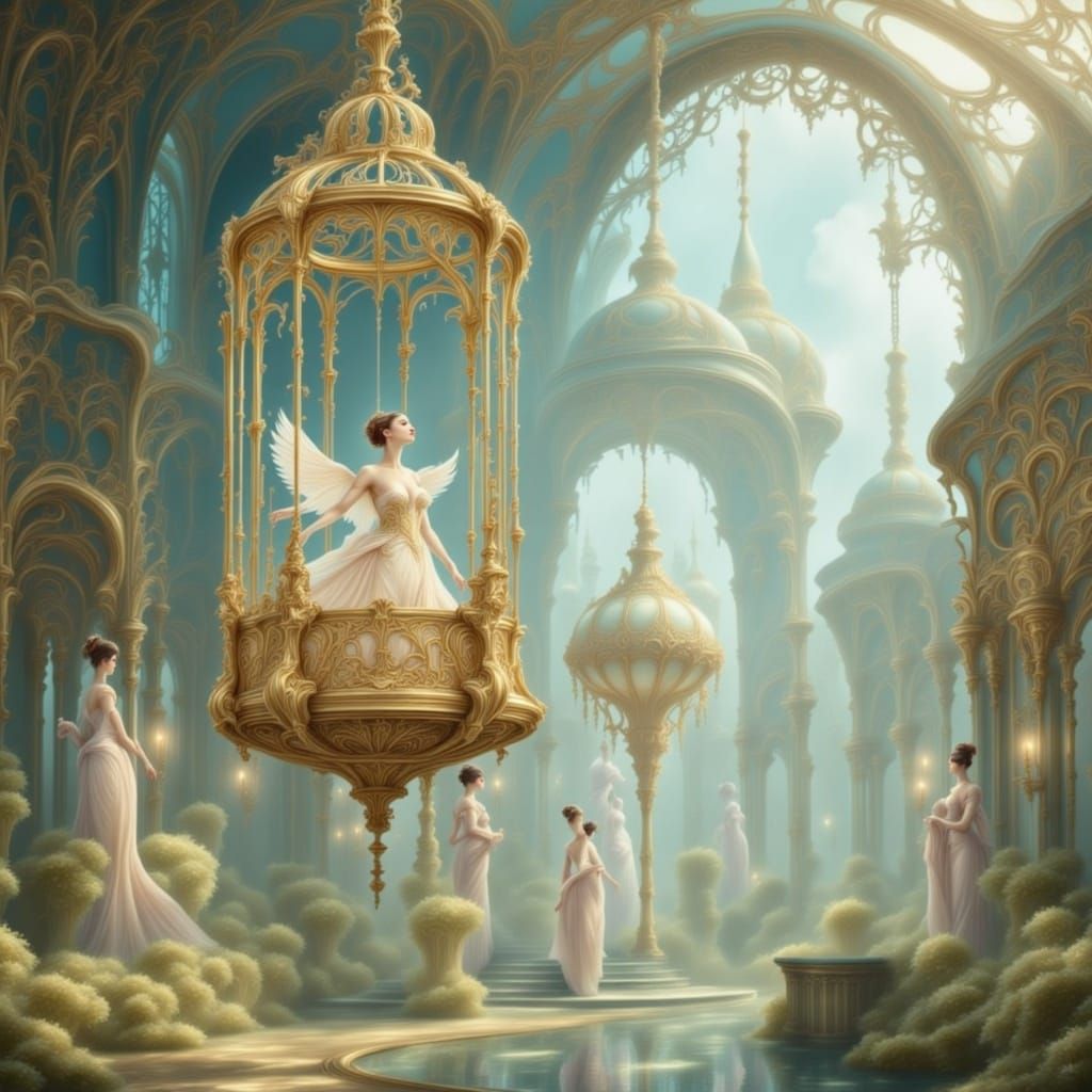 Gilded Birdcage with Luminous Songbird in Opulent Ballroom