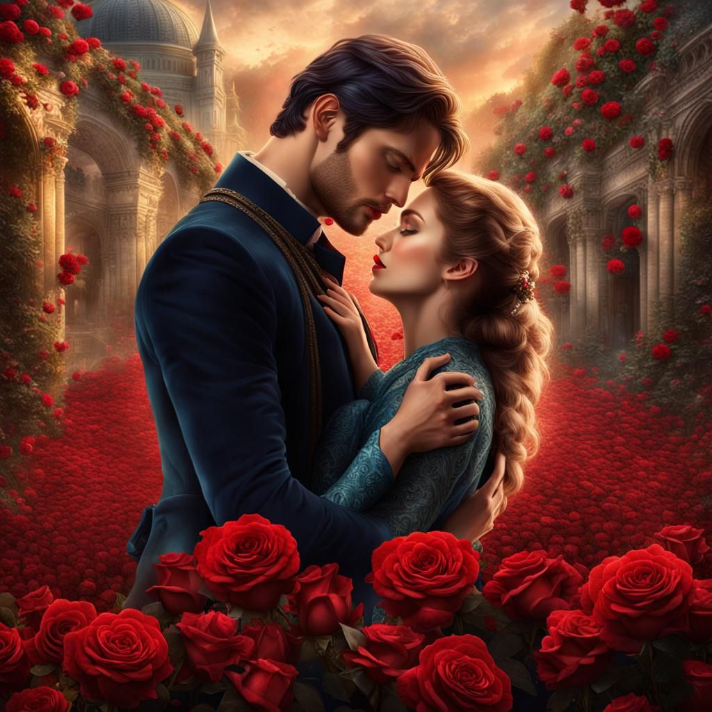 Historical Romance Cover with Embracing Couple and Roses