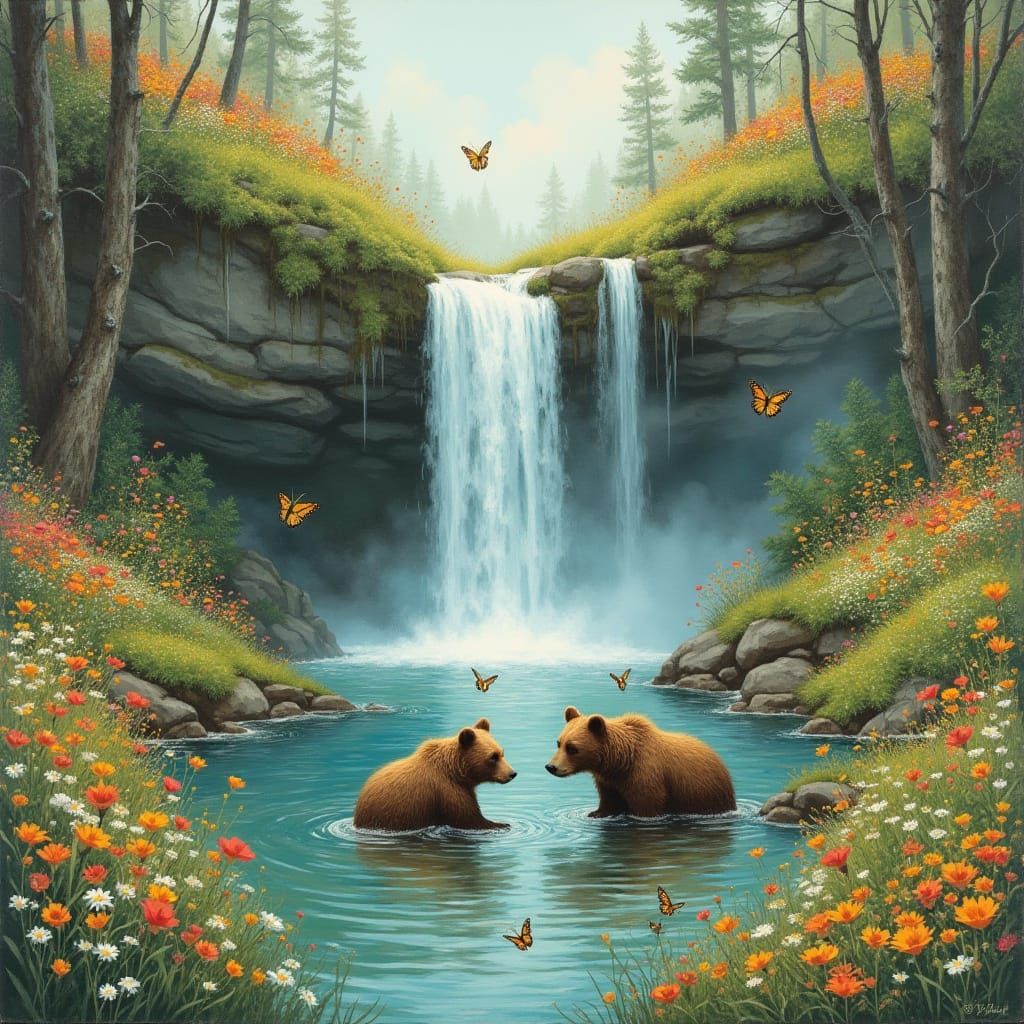 Bears Playing Below Waterfalls in Wildflower Meadow