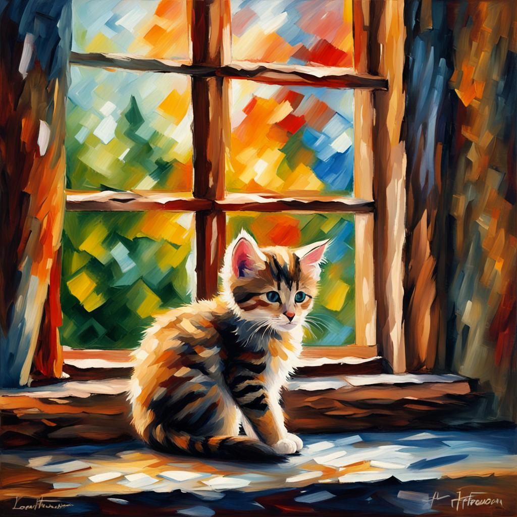 Colorful Kitten at Window, Impressionist Style