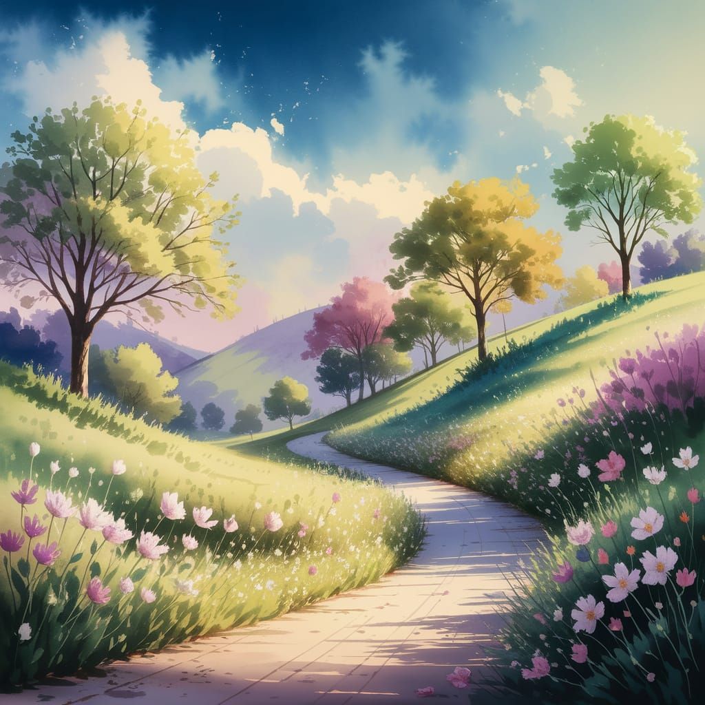 Soft Watercolor Spring Landscape with Blooming Flowers and L...