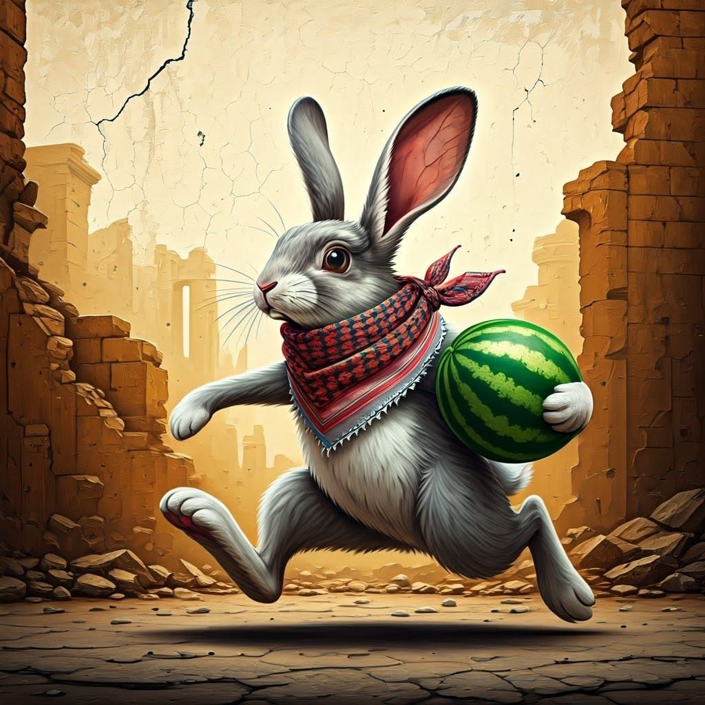 Bunny in Vibrant Keffiyeh Scarf Runs with Watermelon in Dist...