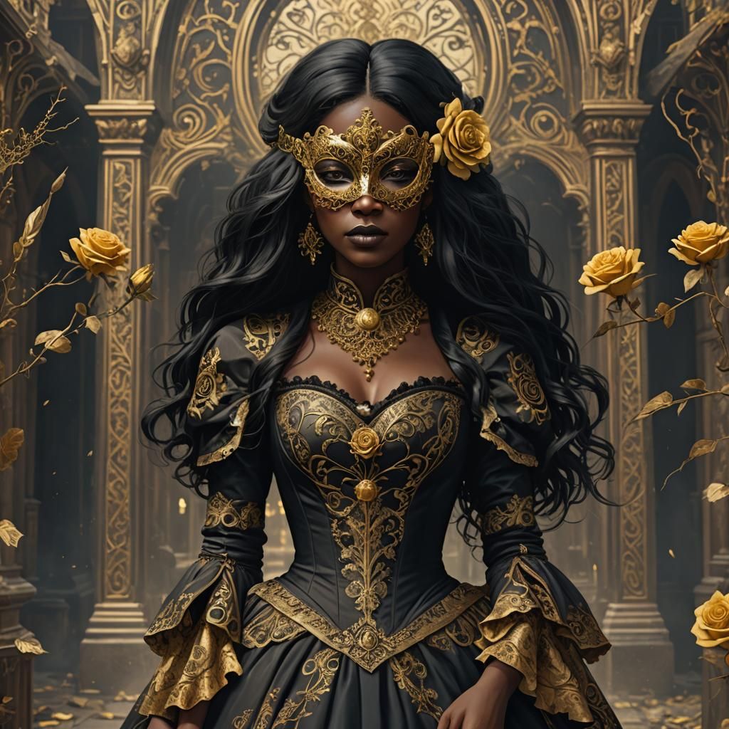 Woman in Victorian Dress with Rose Masquerade Mask