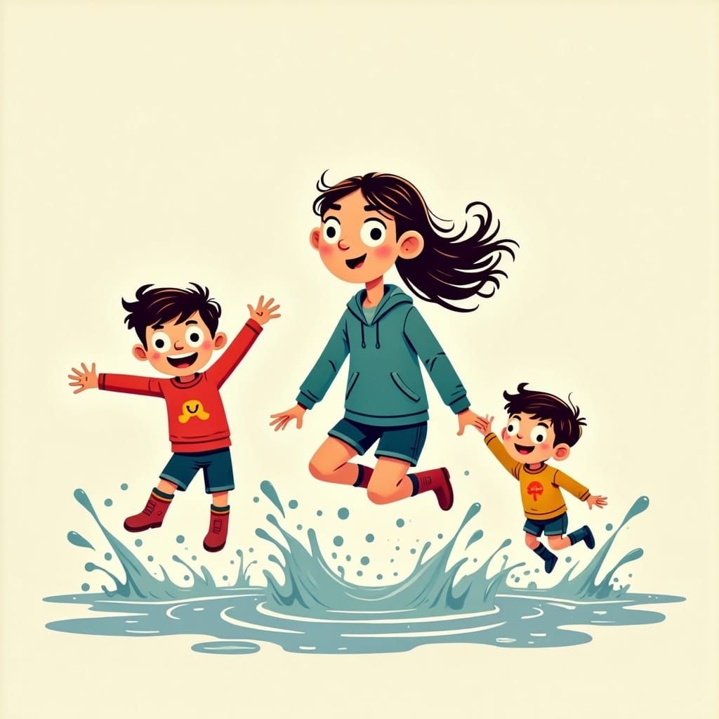 Cartoon Family Jumping in Puddles, Flat Illustration