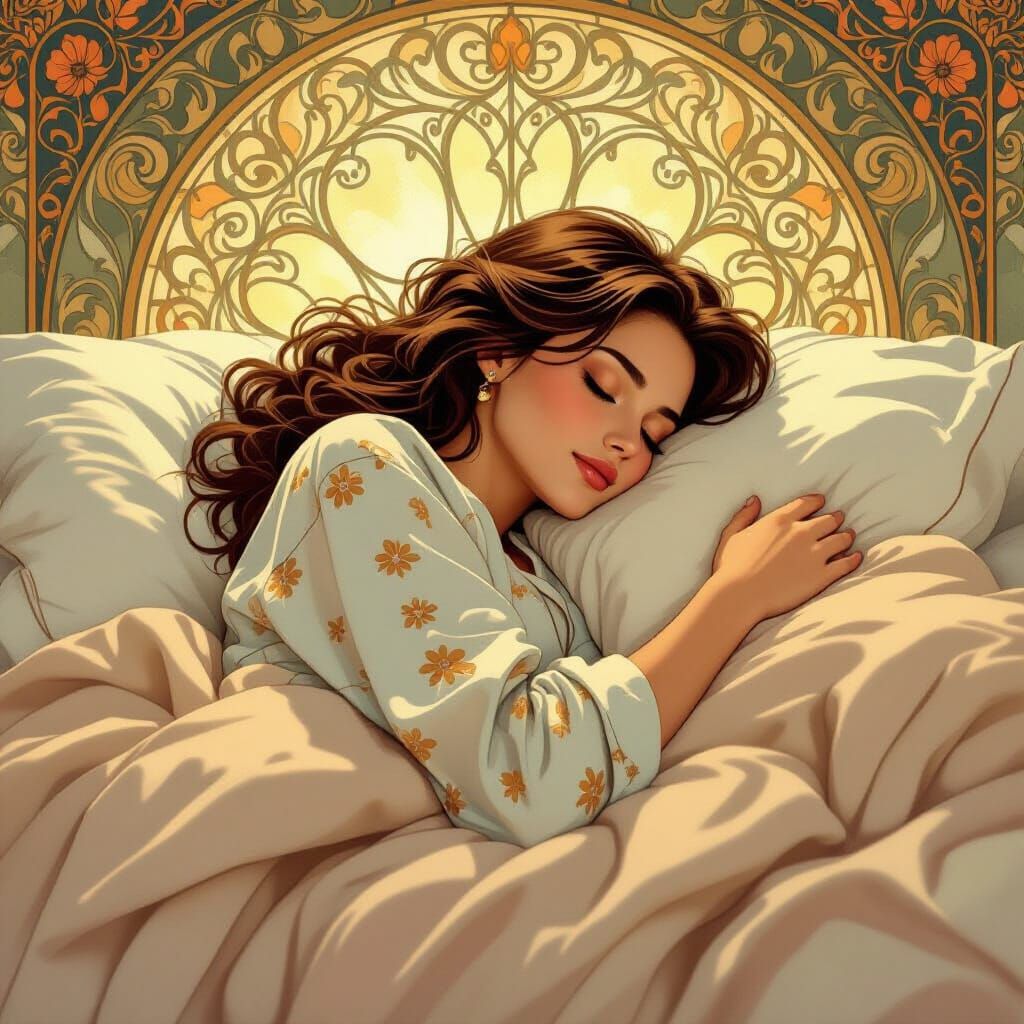 Woman Sleeping in Serene Art Nouveau Style