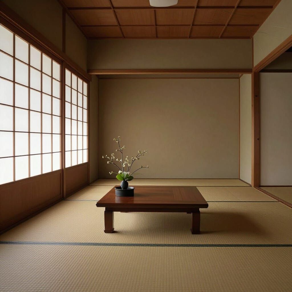 Minimalist Japanese Tea Room with Ikebana Arrangement