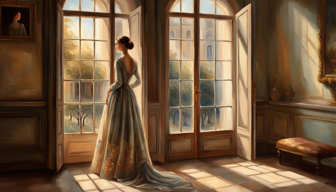 Woman Gazing Out Window in Impressionistic Style