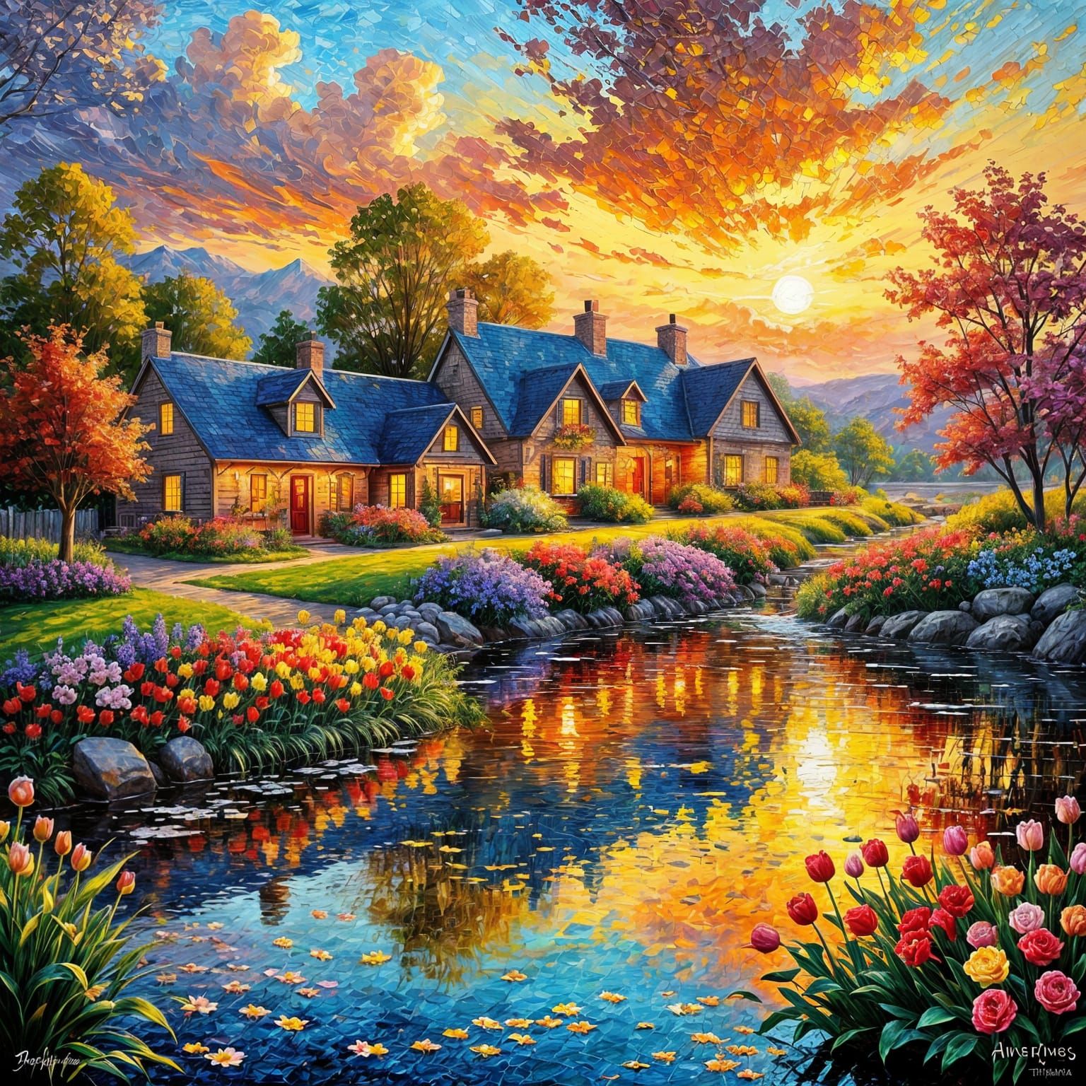 Riverside Village Sunset Oil Painting