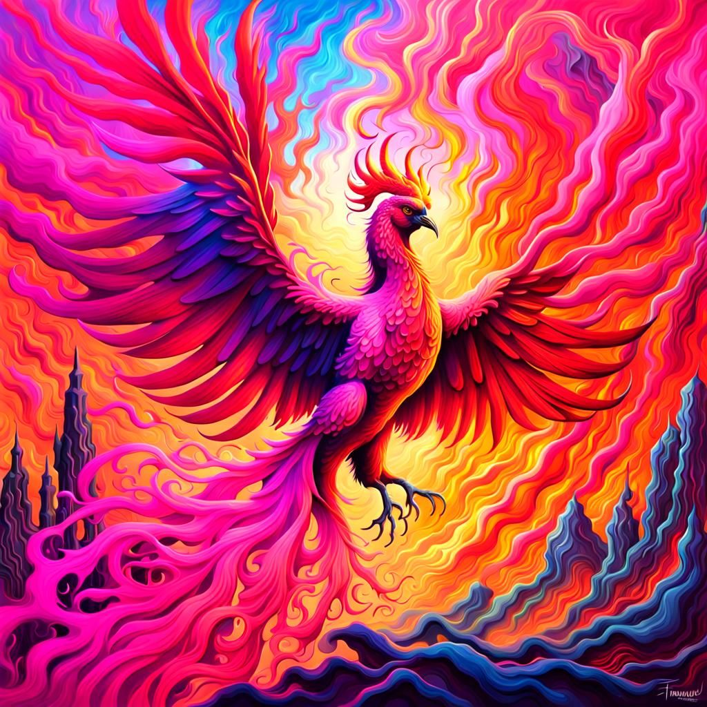 Fiery Phoenix in Fauvist Landscape