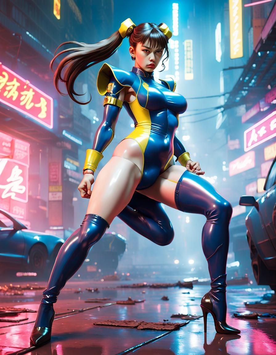 Chun-Li Cyberpunk Battle in Neon Cityscape
