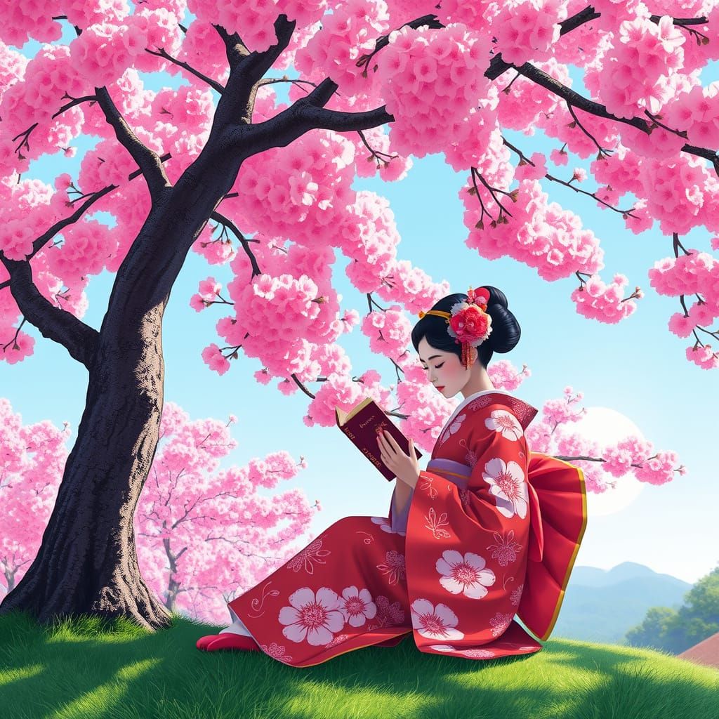 Reading beneath a sakura tree