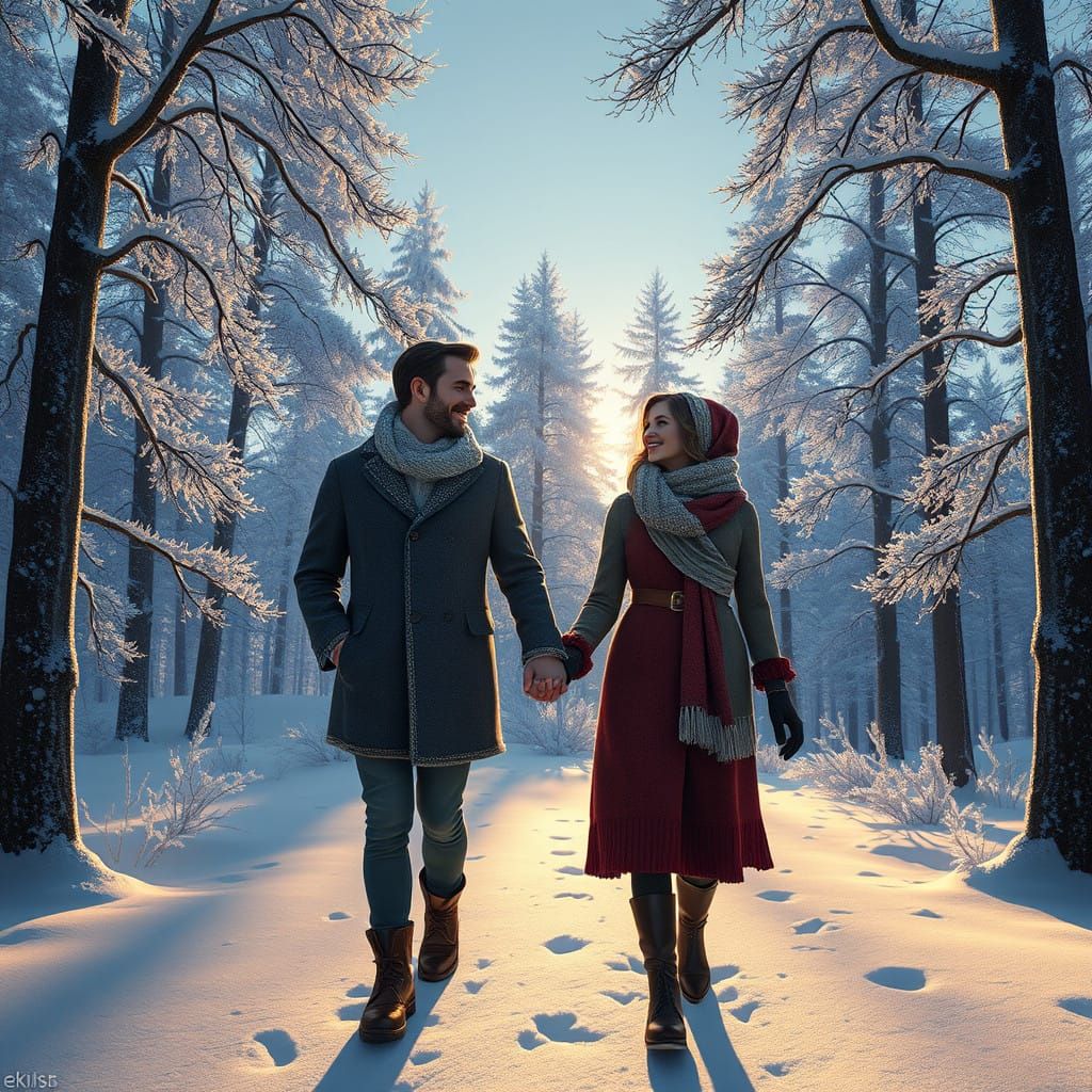 Winter Lovers Stroll Through Snowy Forest in Whimsical Style