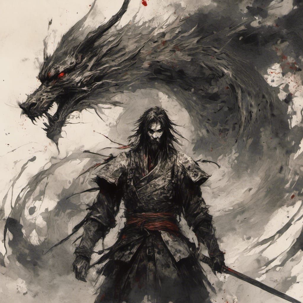 Samurai, Dragon, and King in Minimalist Ink Wash Style
