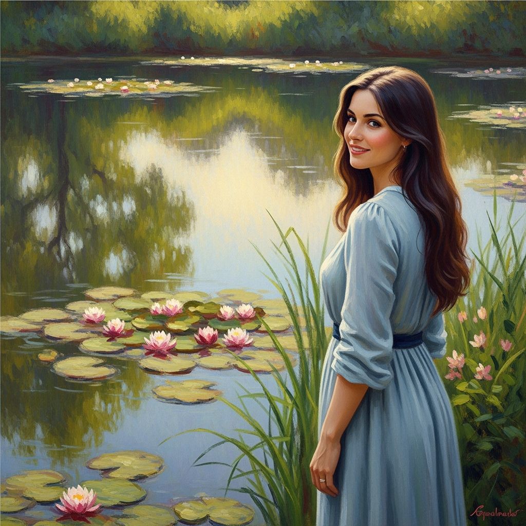 Woman in Impressionistic Lily Flower Lakeside Scene