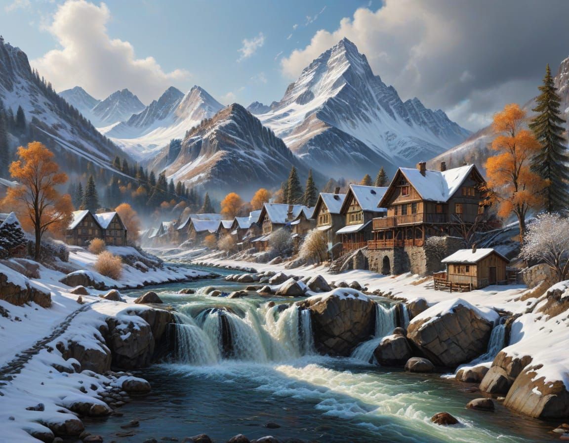 Snowy Mountain Village Impasto Painting