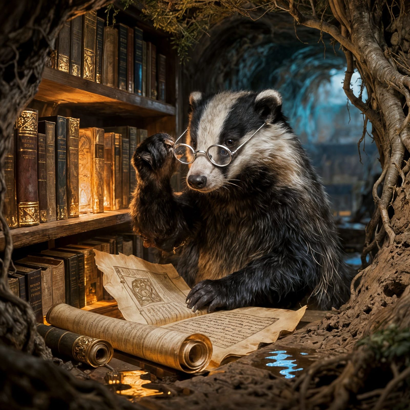 Dignified Badger Librarian in Secret Underground Library