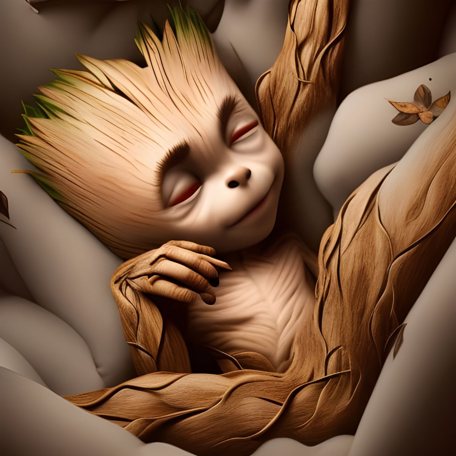 Adorable Chibi Groot Sleeping: Detailed Digital Art