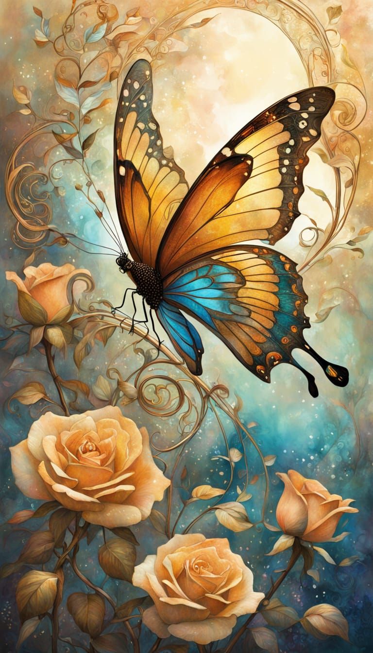 Ethereal Art Nouveau Butterfly on Rose