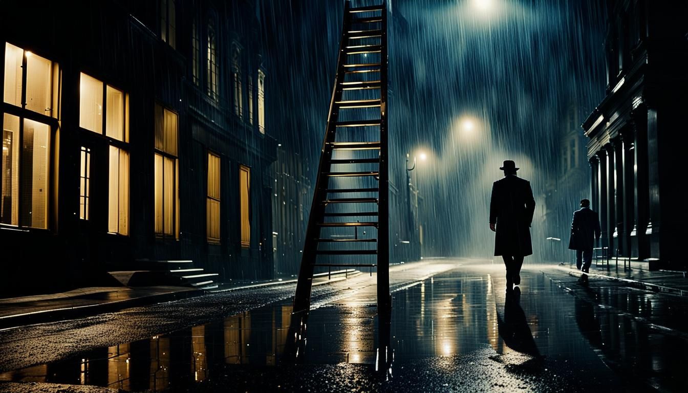 Man Walks Under Ladder in Rainy Street: Hyperrealistic HDR