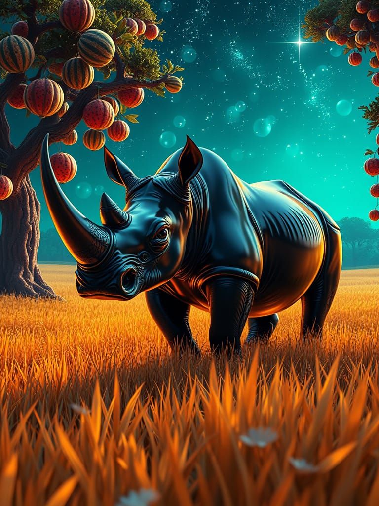 Majestic Rhinoceros in Fractal Field, Dreamlike Neon Landsca...