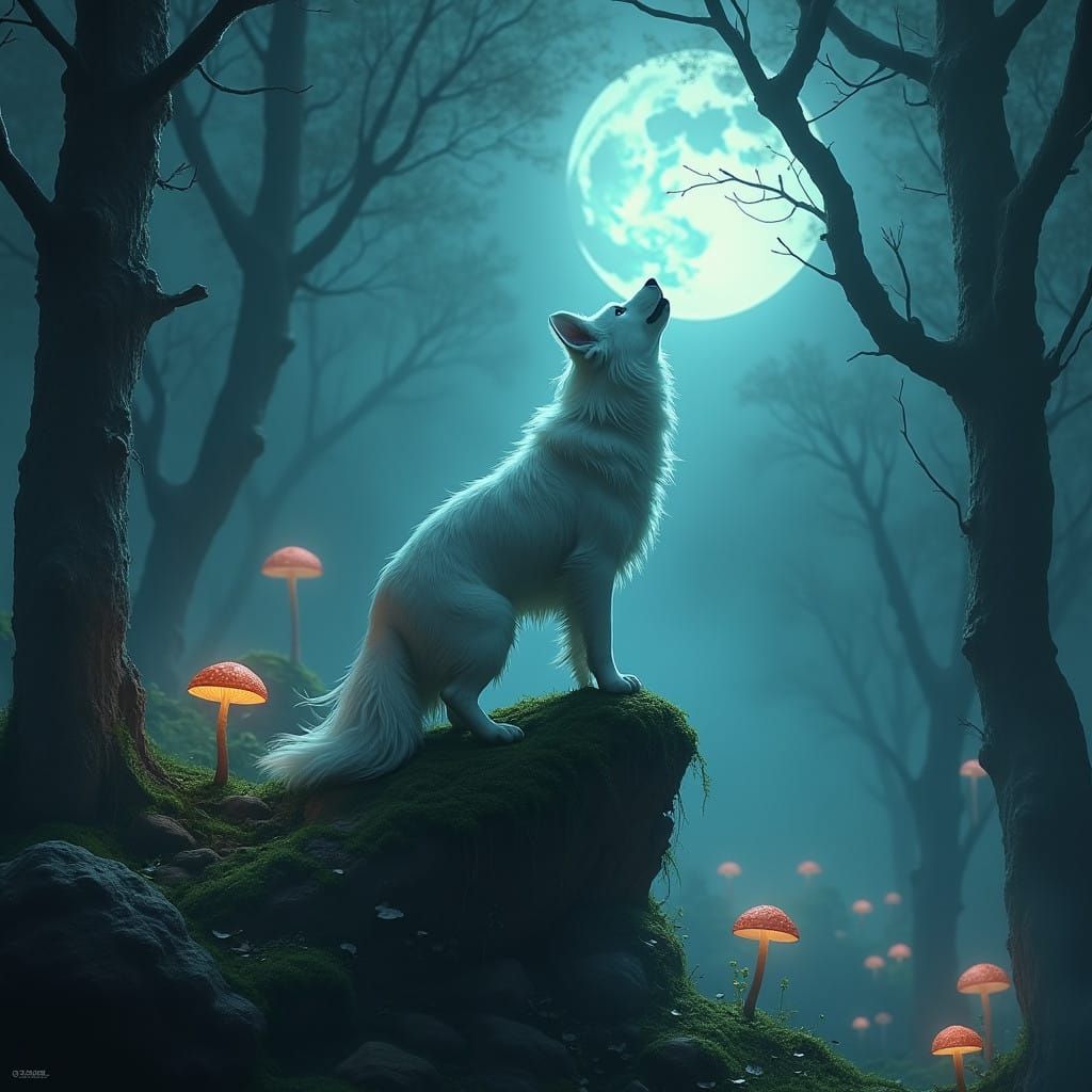 Regal White Dog howls in Enchanted Forest