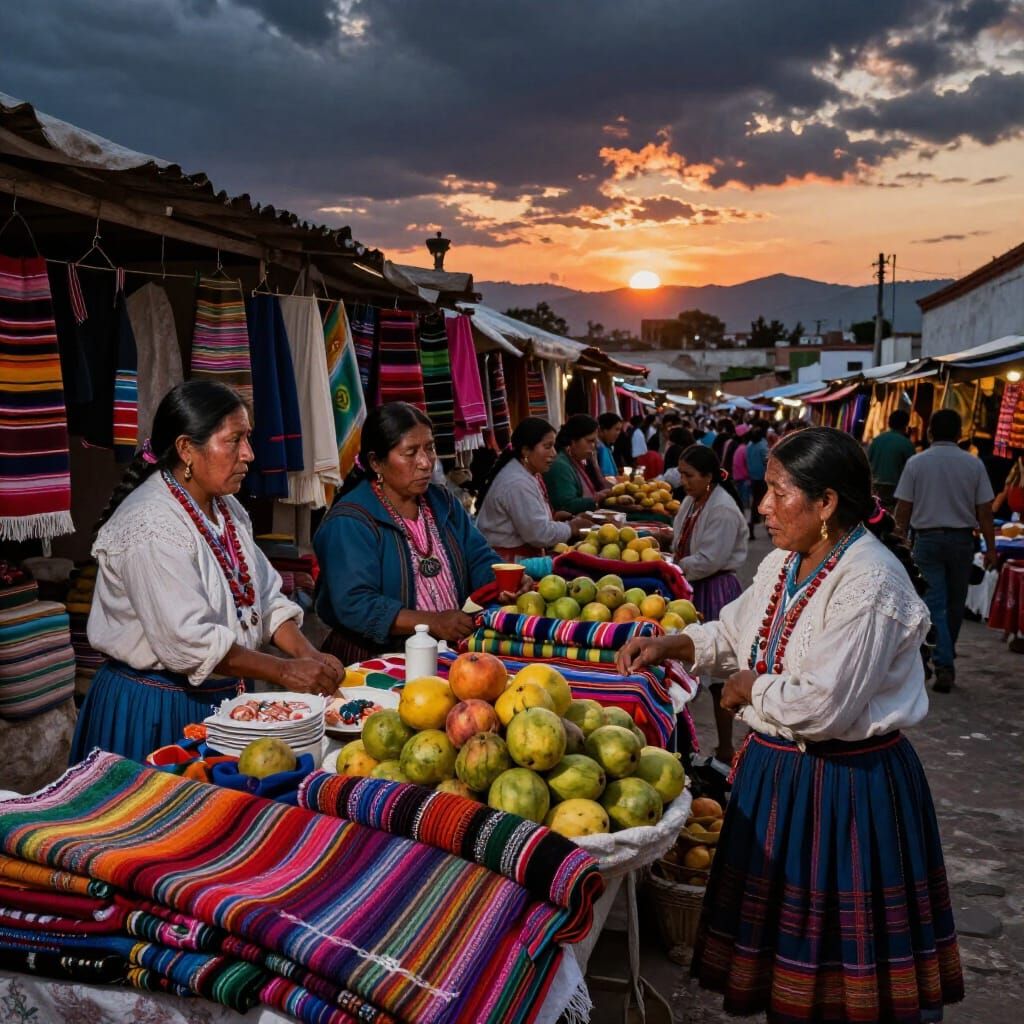 Bustling Mexican Market at Dusk in Chiaroscuro Style