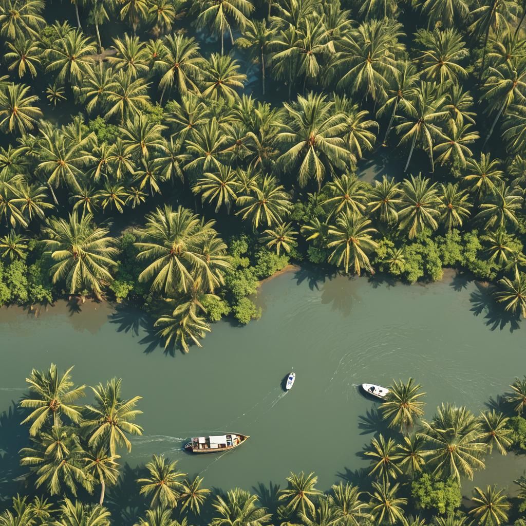 Boat Sailing Calm River Between Palm Trees