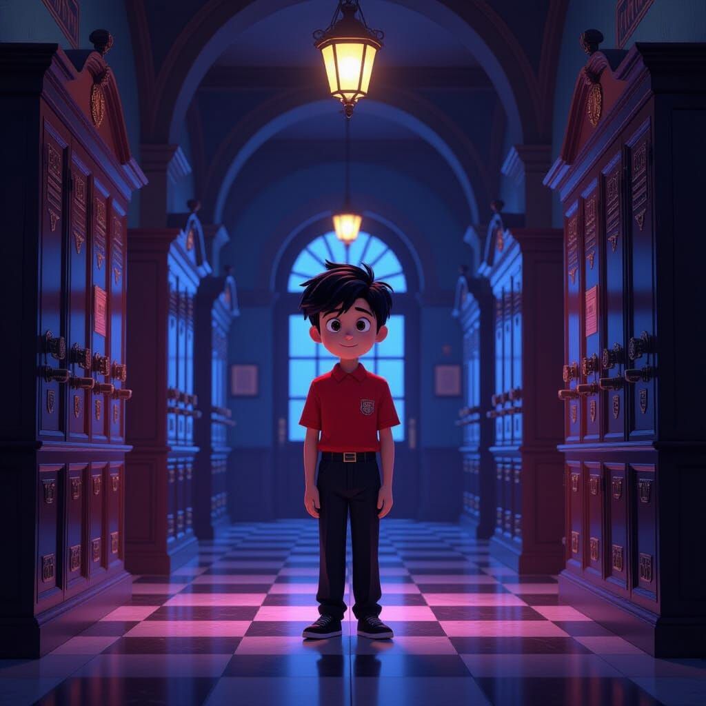 Boy in Magical School Hallway: Dark Fantasy Art