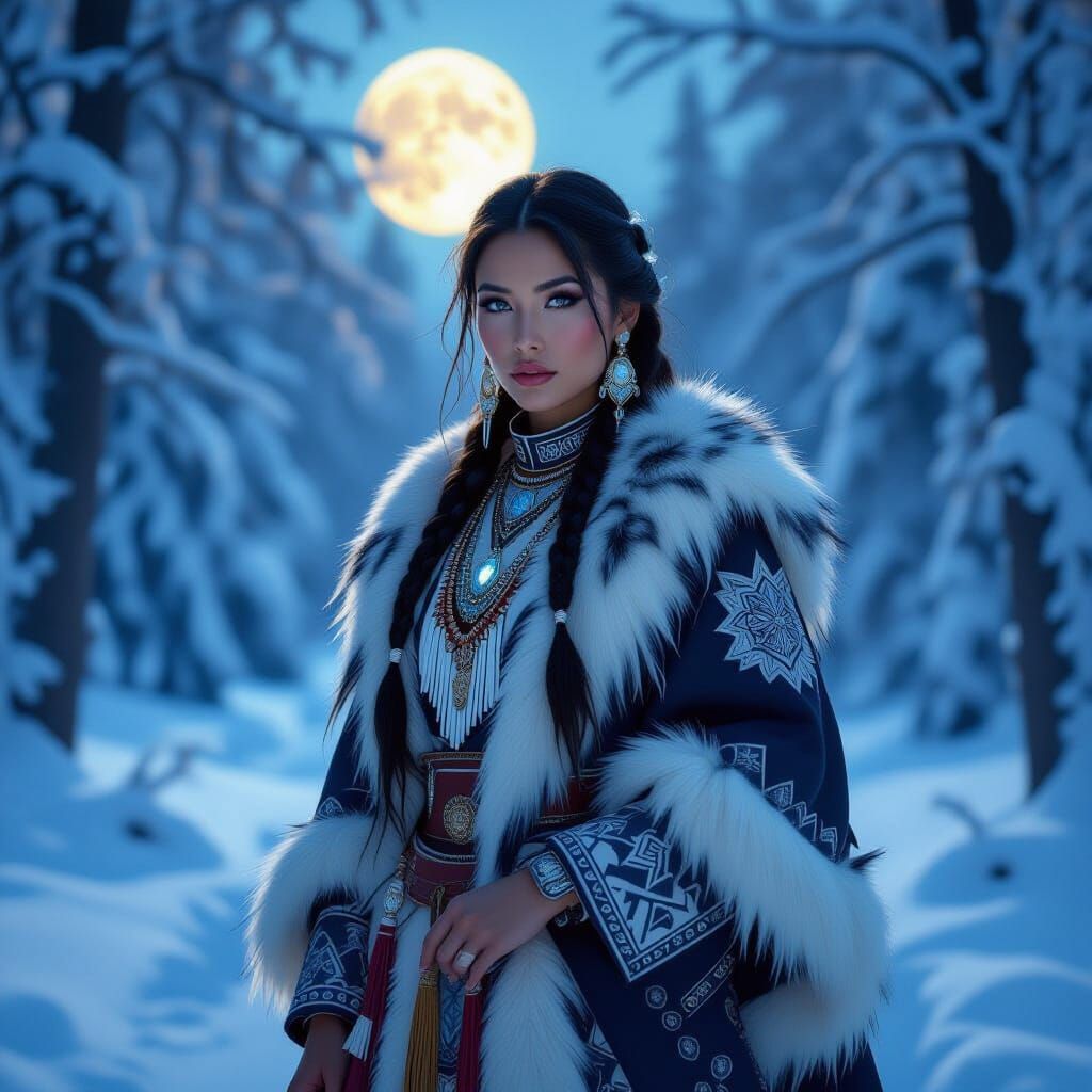 woman in traditional Native American clothing, adorned with ...