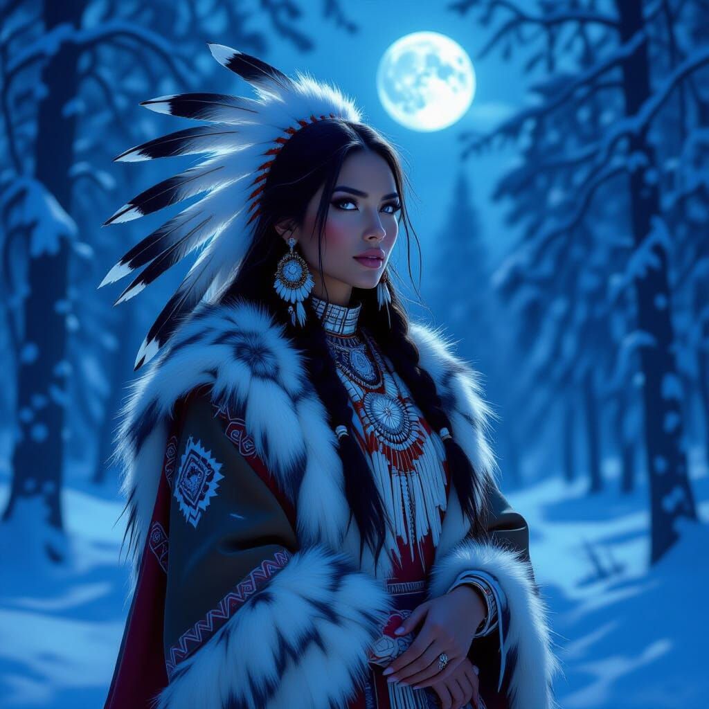 woman in traditional Native American clothing, adorned with ...