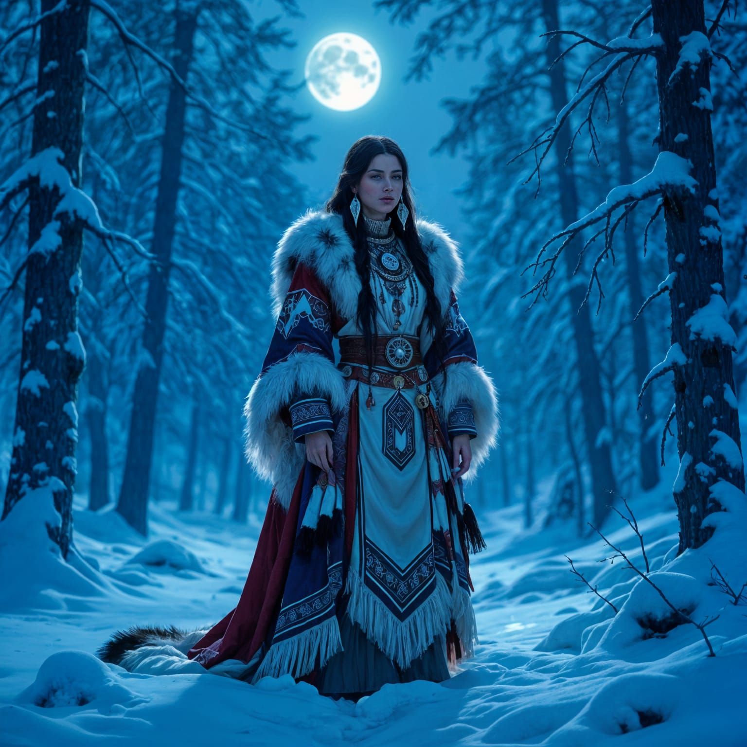 woman in traditional Native American clothing, adorned with ...