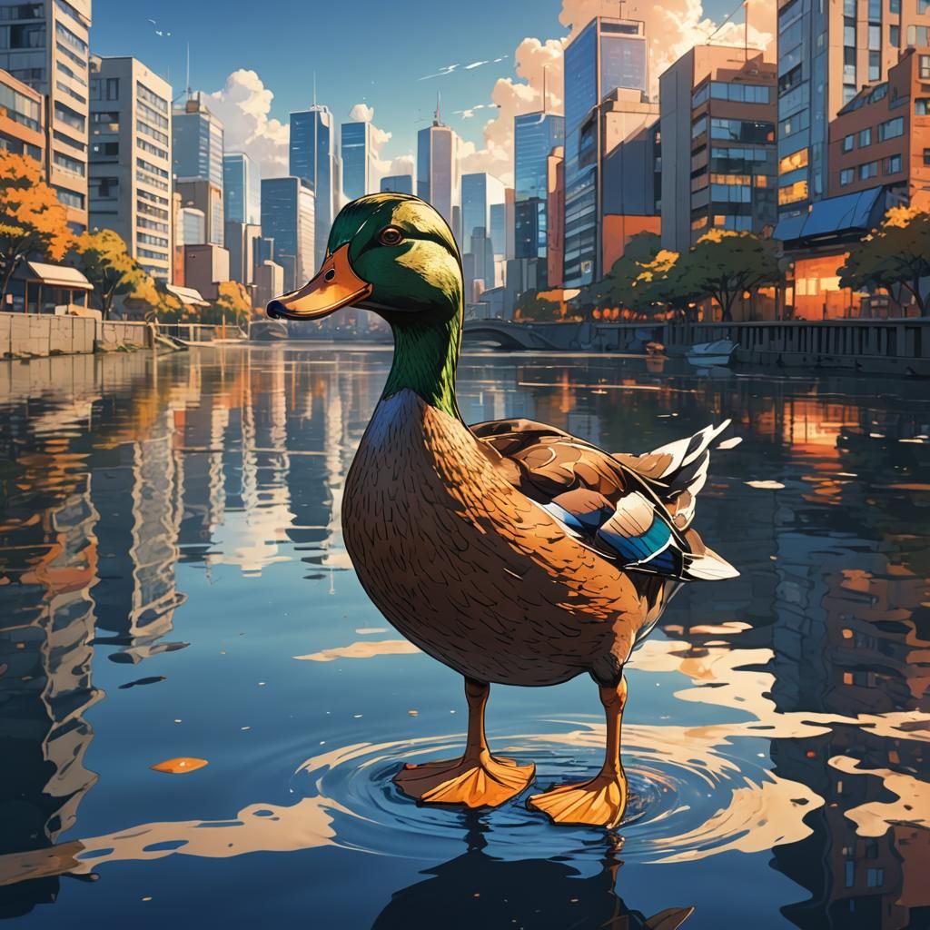 Duck in Anime Style Cityscape with Cel-Shading